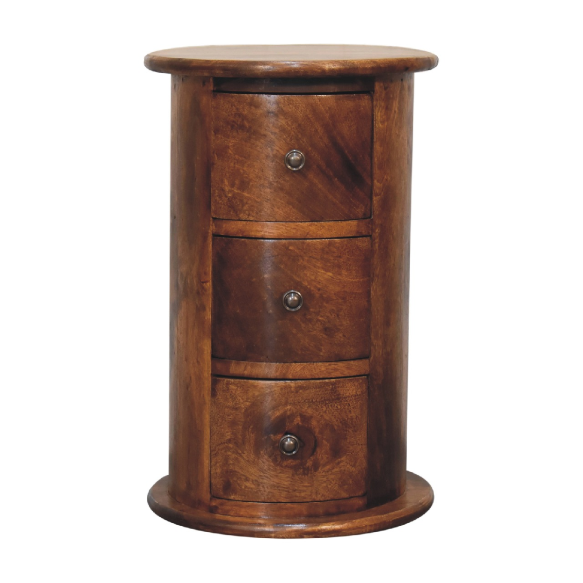 A cylindrical wooden nightstand drum chest with three drawers and round knobs made of solid mango wood in warm brown