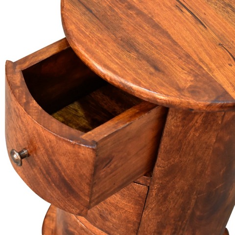 Artisan furniture solid mango wood drum chest nightstand with warm tones curved drawer and metallic knob