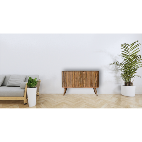 Artisan furniture mokka sideboard in solid mango wood with slatted doors and tapered legs in warm wood tones
