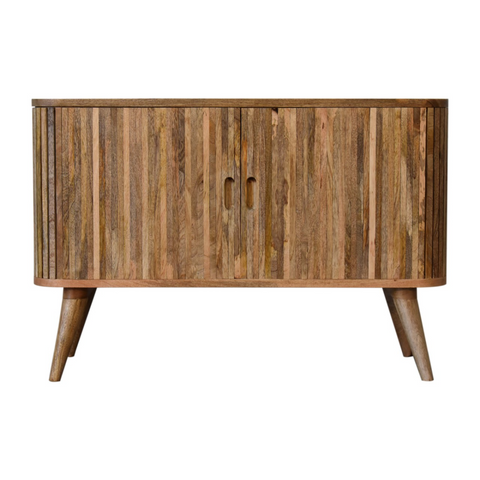 Artisan furniture solid mango wood mokka sideboard with vertical slats and tapered legs in mid-century modern style