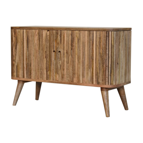Rustic mokka sideboard with vertical slats and tapered legs made from solid mango wood in a warm mango wood finish