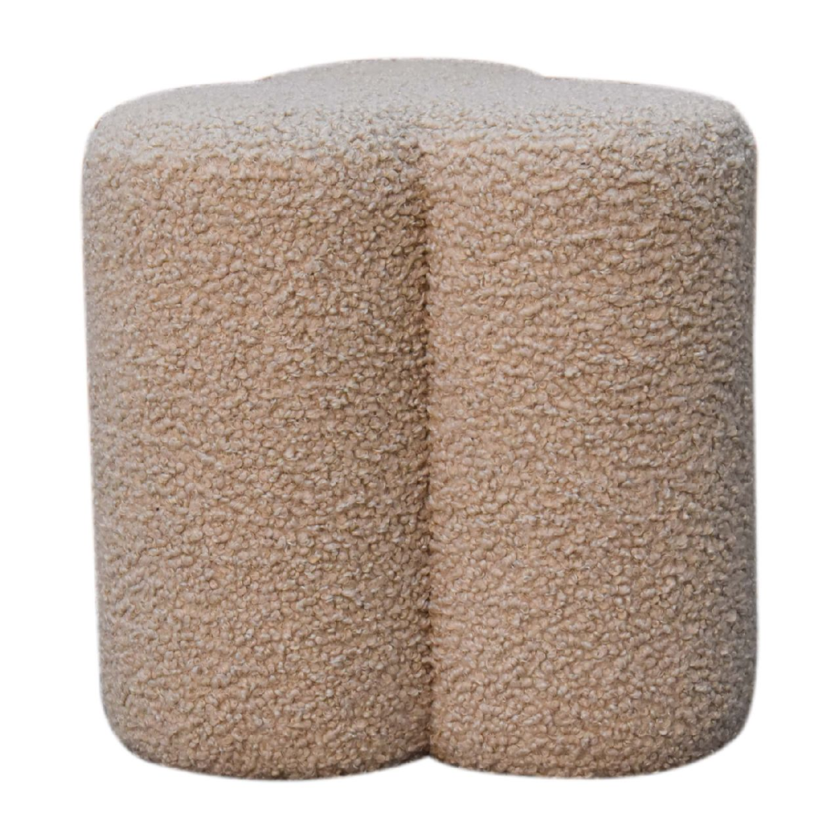 Beige plush ottoman with soft fuzzy mud boucle surface on solid mango wood artisan furniture footstool