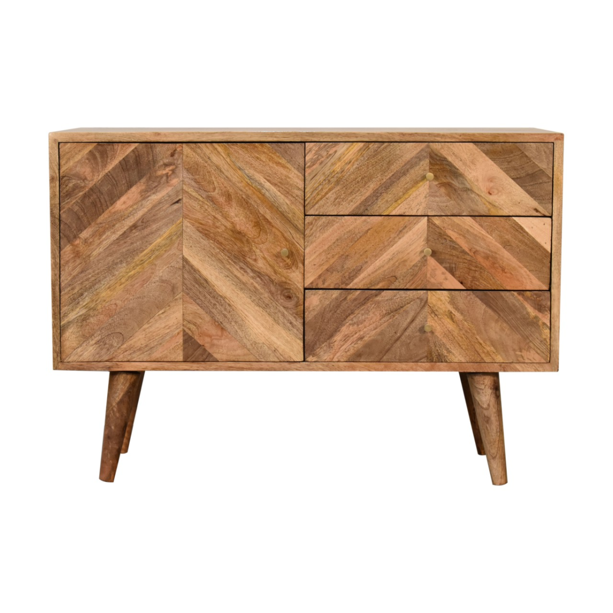 Artisan furniture solid mango wood muna sideboard with chevron pattern tapered legs and three drawers in light wood