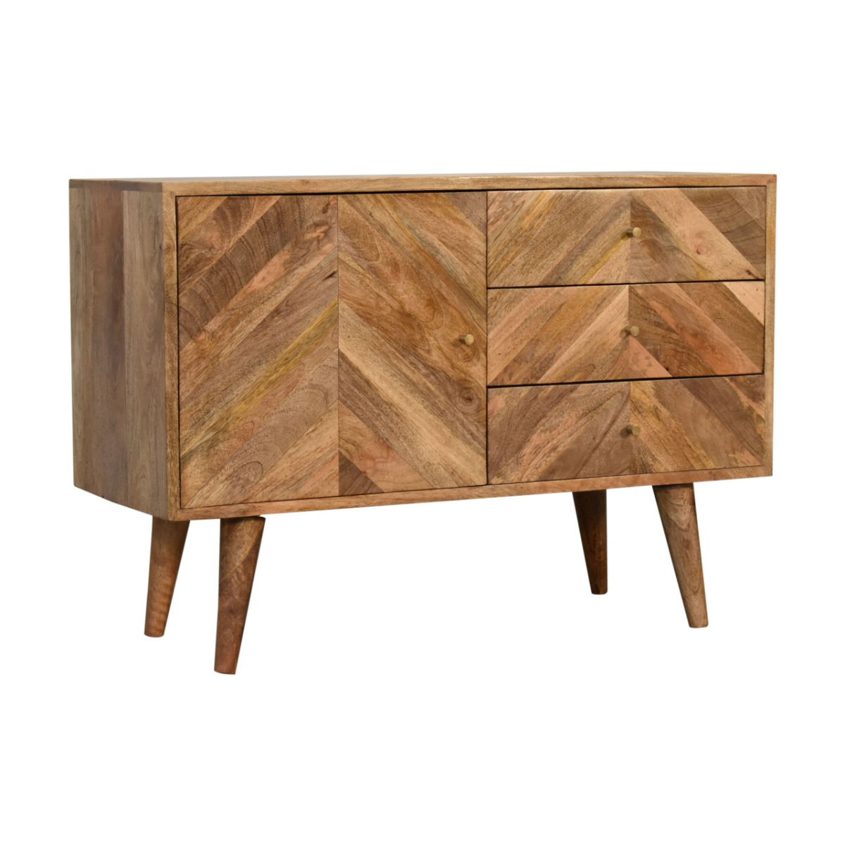 Mid-century modern wooden muna sideboard with natural mango wood and distinctive herringbone pattern on tapered legs