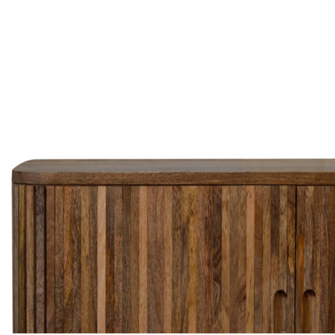 Artisan furniture muna sideboard with rustic vertical slats in natural mango wood tones and a smooth dark brown top