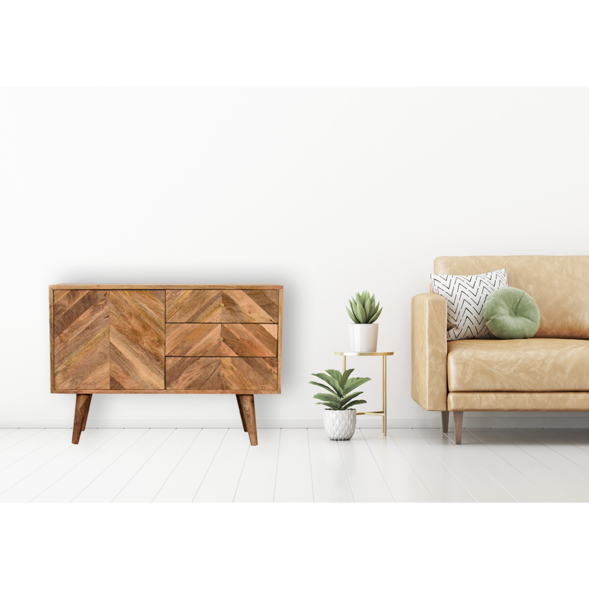 Wooden muna sideboard with chevron pattern made from natural-toned solid mango wood featuring three drawers