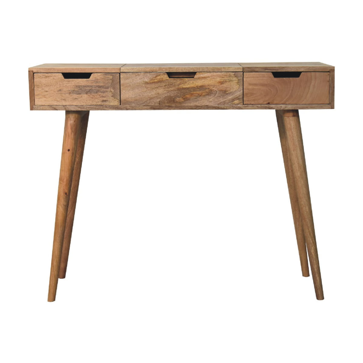 Artisan furniture solid mango wood oak-ish dressing table with three drawers and tapered legs in a minimalist design