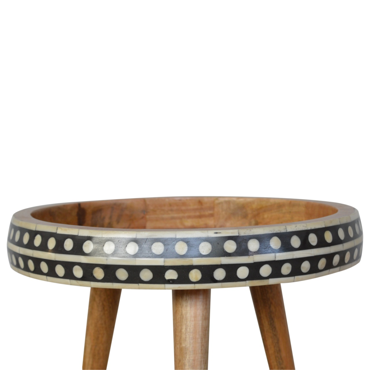 Artisan furniture solid mango wood round end table with three legs and black and white dotted bone inlay border