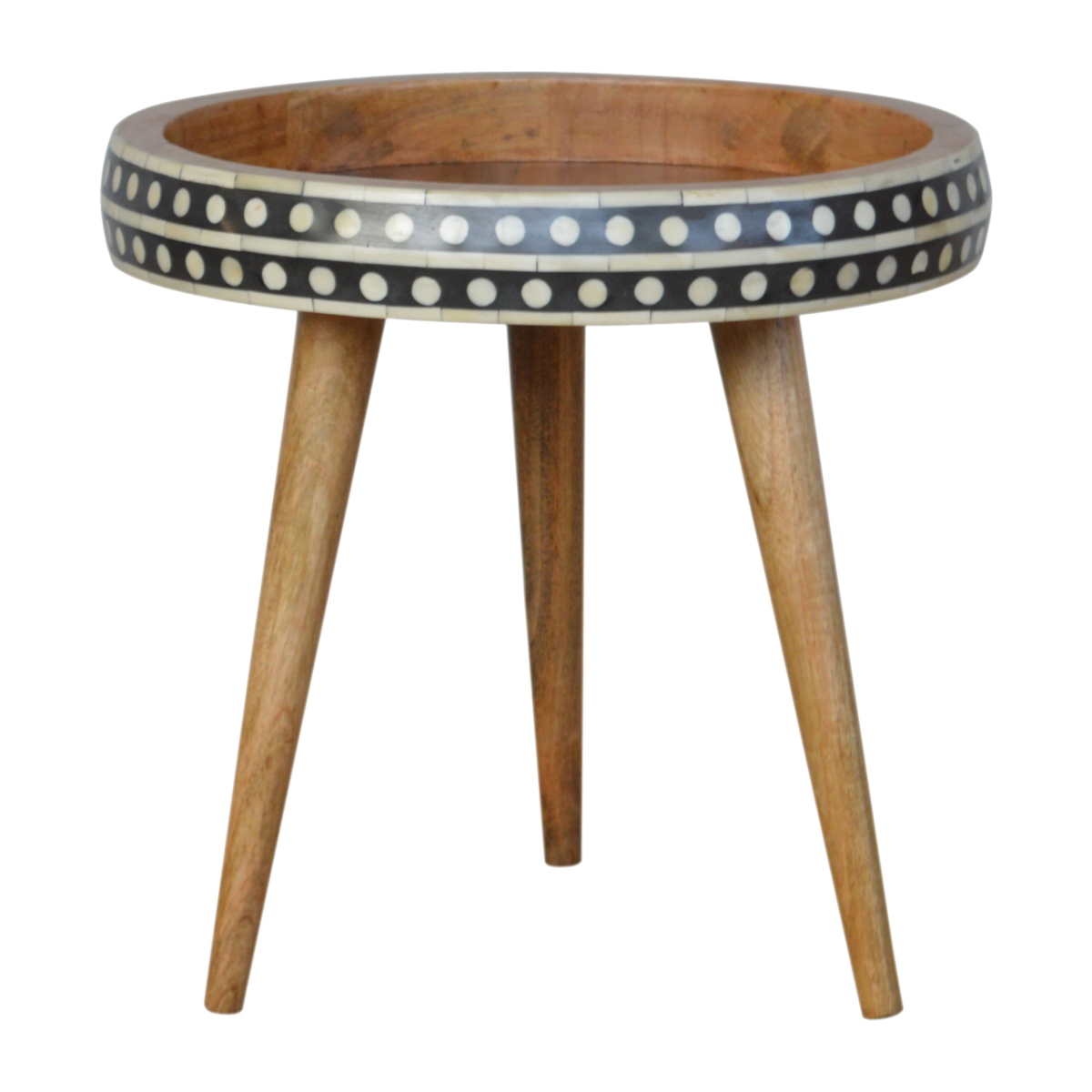 Artisan furniture solid mango wood end table with black and white bone inlay and three tapered legs