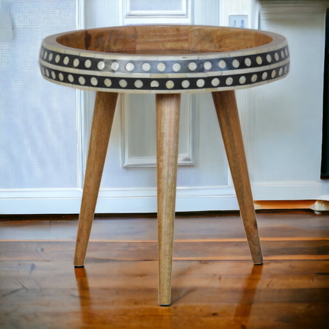 Artisan furniture solid mango wood end table with round top and black and white dotted bone inlay rim