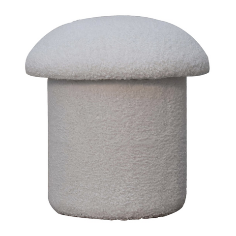 A plush off-white mushroom ottoman with textured white boucle fabric and solid mango wood base perfect for lounging