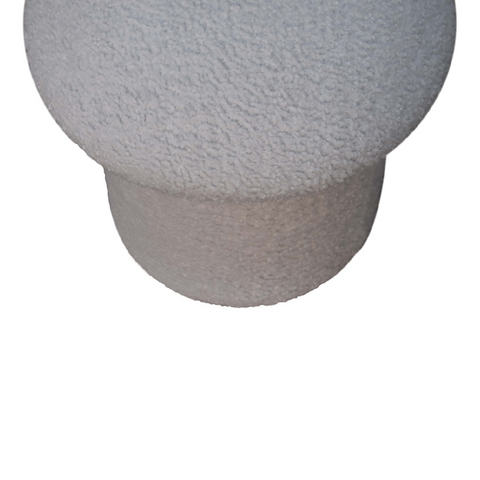 White boucle mushroom footstool with plush textured surface by Artisan Furniture made from solid mango wood