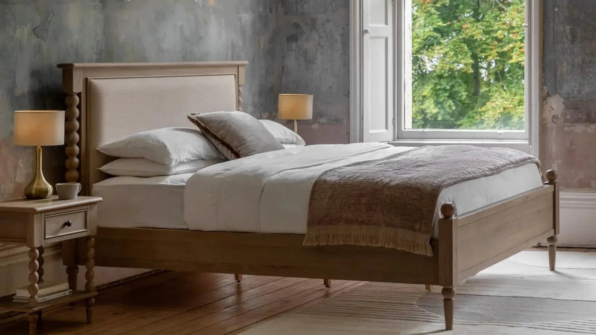 Artisan king size bed frame with rustic wooden slats and beige upholstered headboard and footboard king size bed