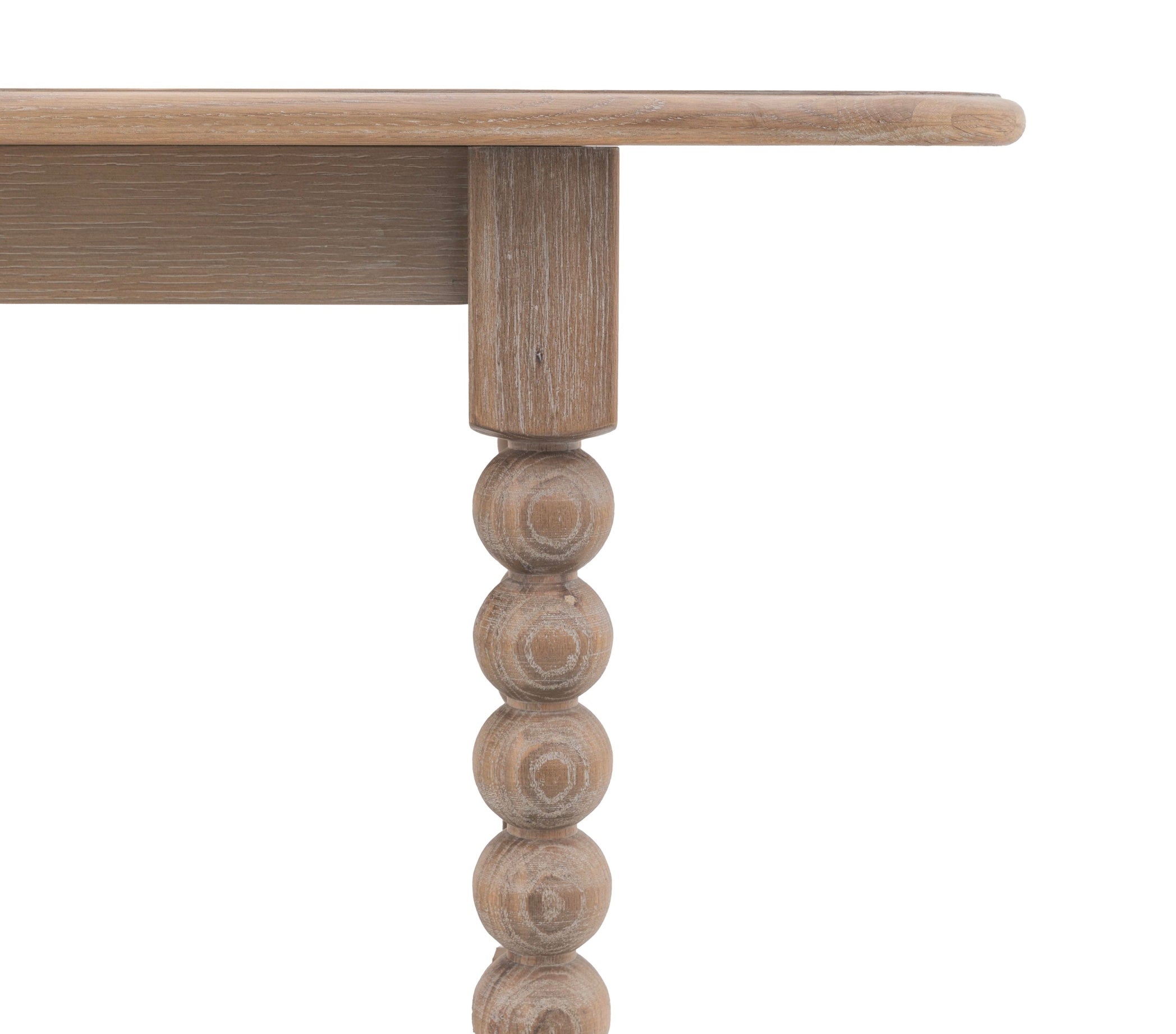 Artisan lime rectangle wash oak dining table leg in light gray distressed wood with turned bead details