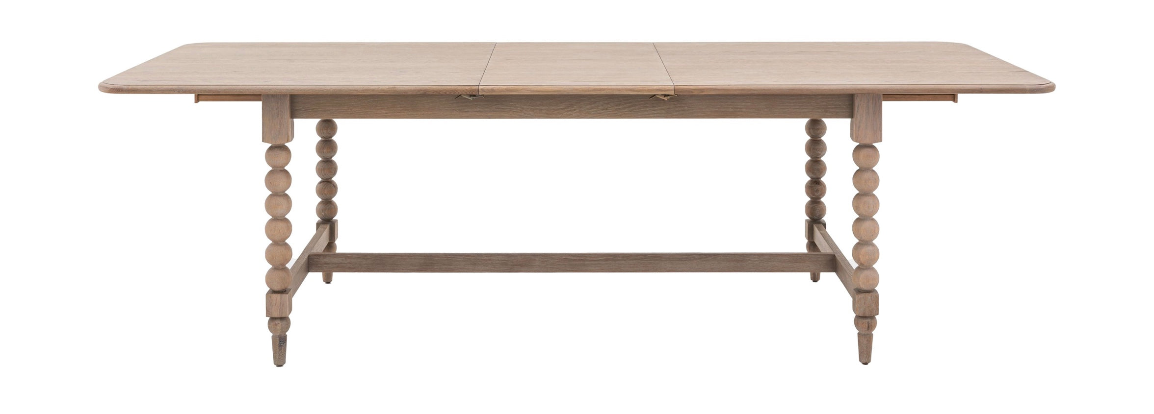 Artisan lime rectangle wash oak extending dining table with light gray wooden smooth surface and turned spool legs