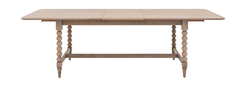 Artisan lime rectangle wash oak extending dining table with light gray wooden smooth surface and turned spool legs