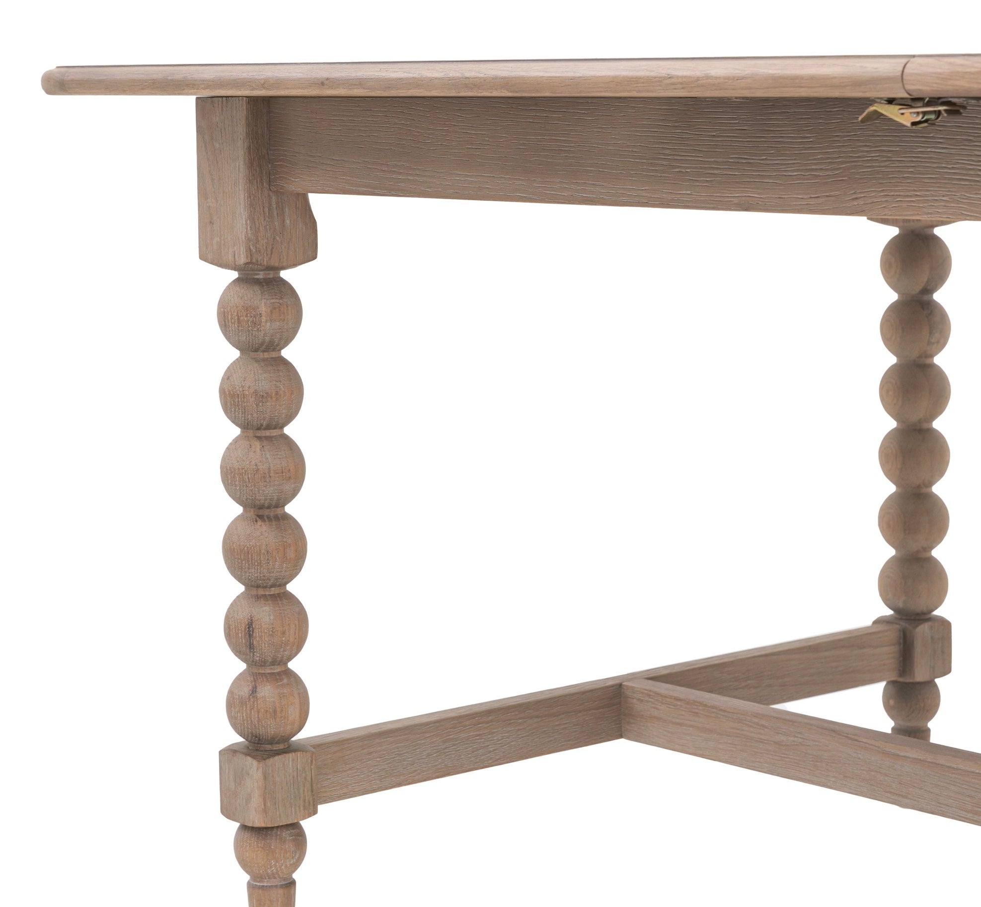 Artisan lime rectangle wash oak extending dining table with rustic light oak turned bead legs and sturdy design