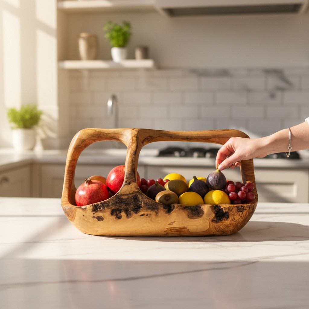 Artisan olive wood fruit basket with natural wood grain and rustic handles filled with colorful fruits perfect for serving