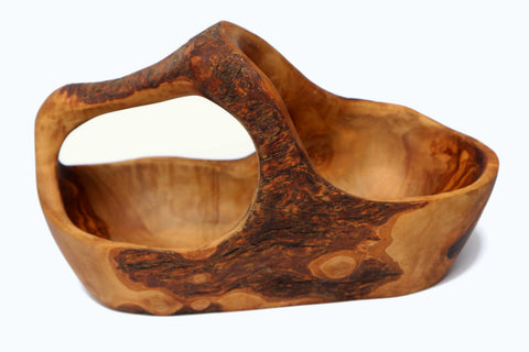 Handcrafted olive wood fruit basket with integrated handle natural rustic finish and organic irregular shape