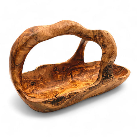 Handcrafted olive wood fruit basket with natural swirling grain and integrated handle perfect for rustic serving caddy