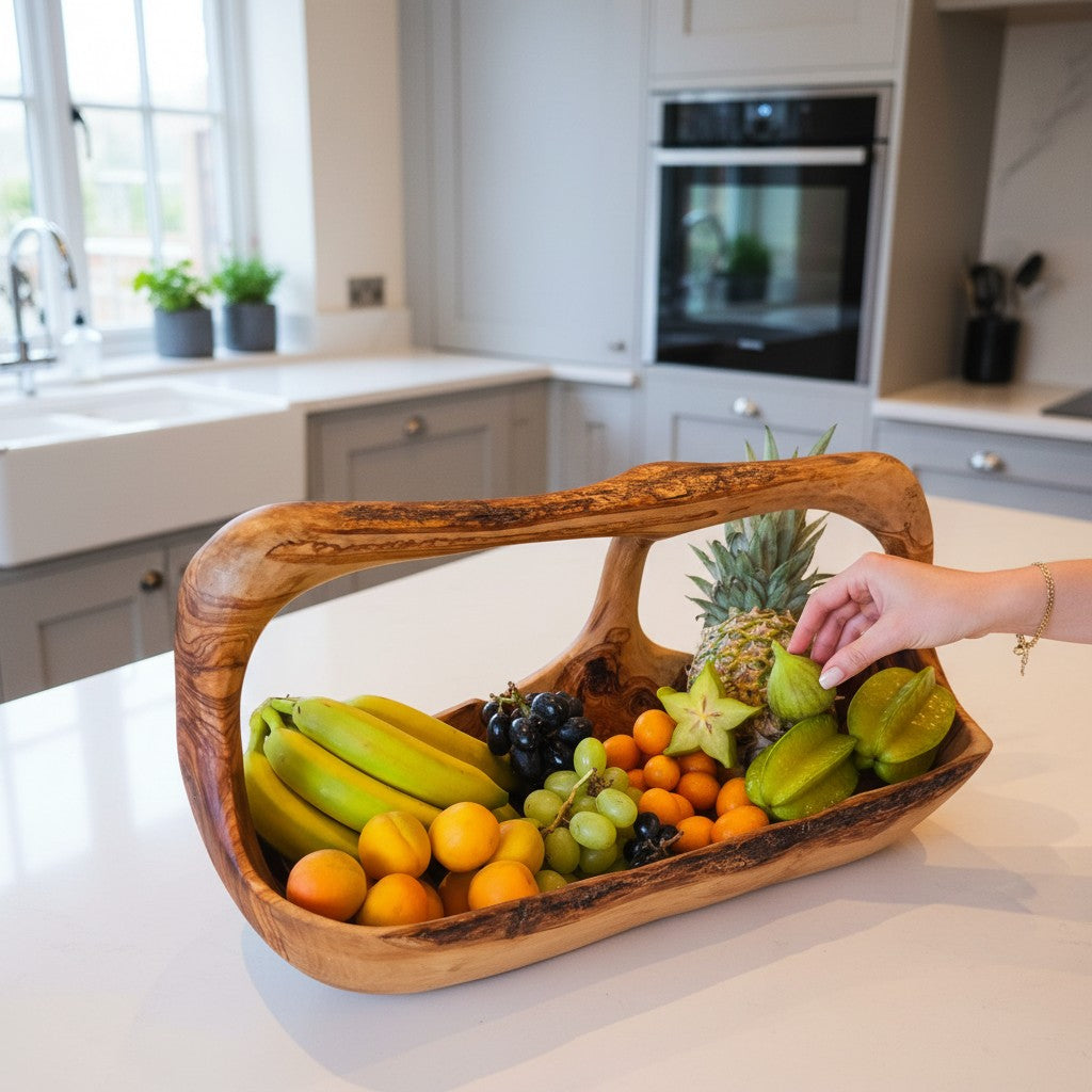 Artisan olive wood fruit basket with natural rustic grain and smooth rounded handle perfect for everyday use