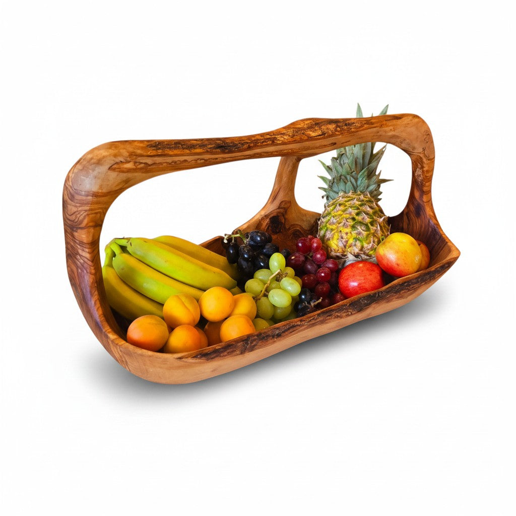 Handcrafted olive wood fruit basket with integrated handle and rustic natural finish perfect for serving and decor