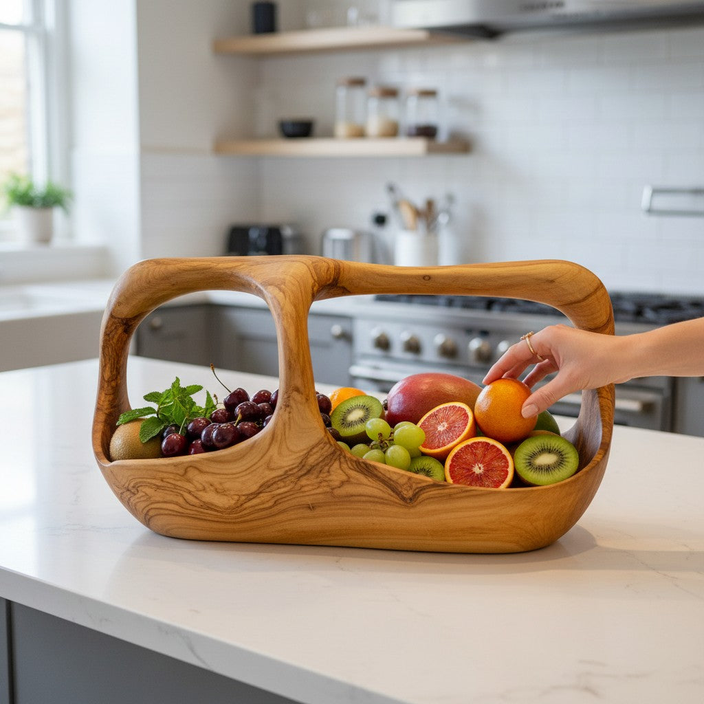 Artisan olive wood fruit basket with hand carved handle and smooth curves perfect for rustic serving and fruit storage