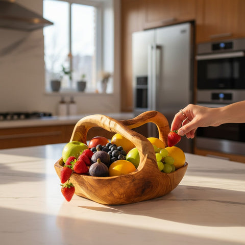 Artisan olive wood fruit basket with hand-carved rustic design natural wood finish and integrated organic handles