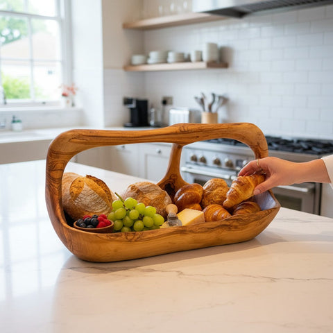 Handcrafted olive wood fruit basket with natural rustic finish and elegant handle perfect for serving in working days