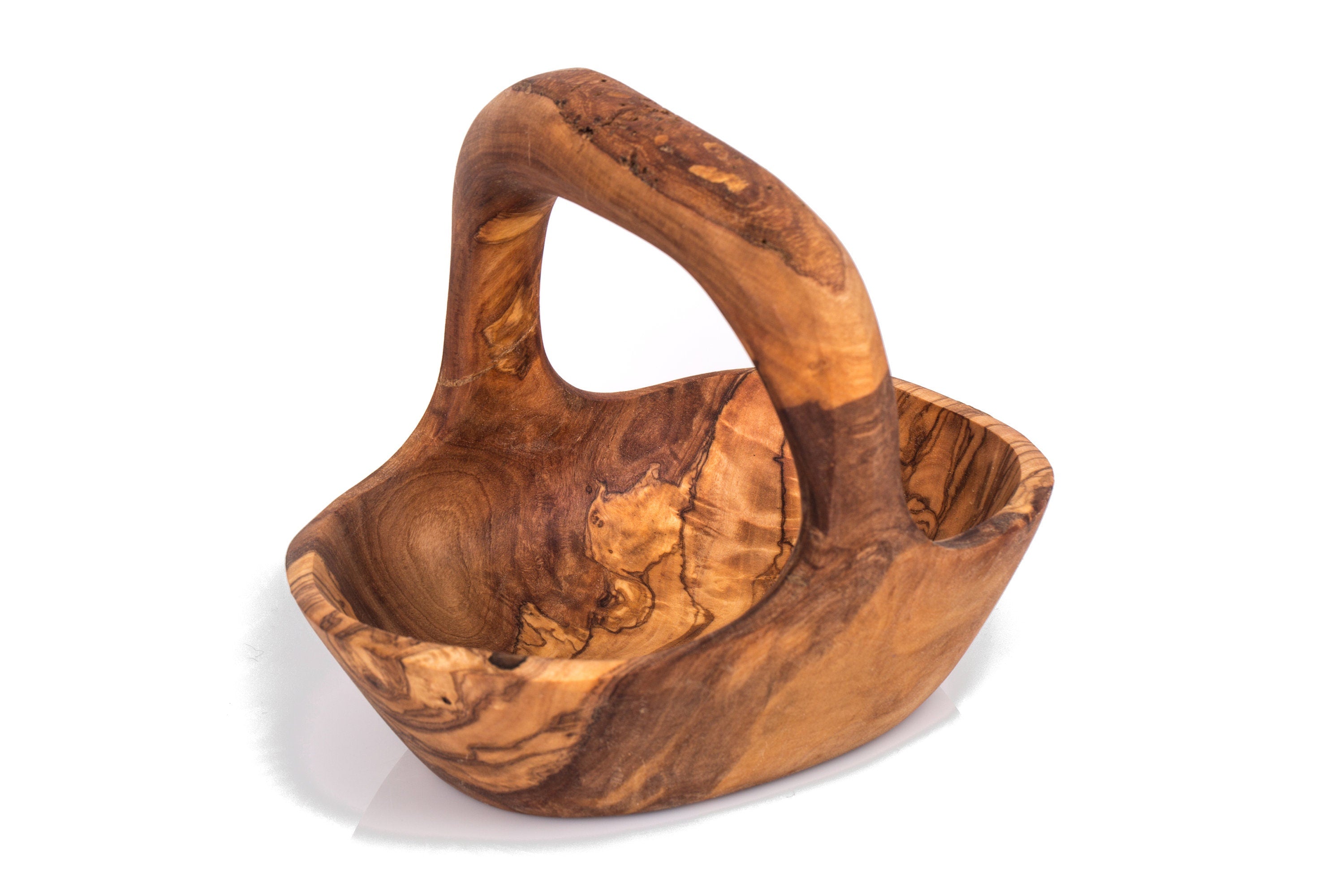 Artisan olive wood fruit basket with natural rustic handle and warm brown swirling grain patterns perfect for serving