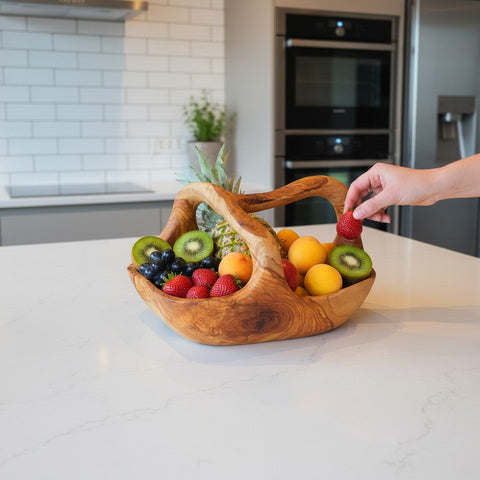 Artisan olive wood fruit basket with natural grain and integrated handle perfect for serving fruit in rustic style