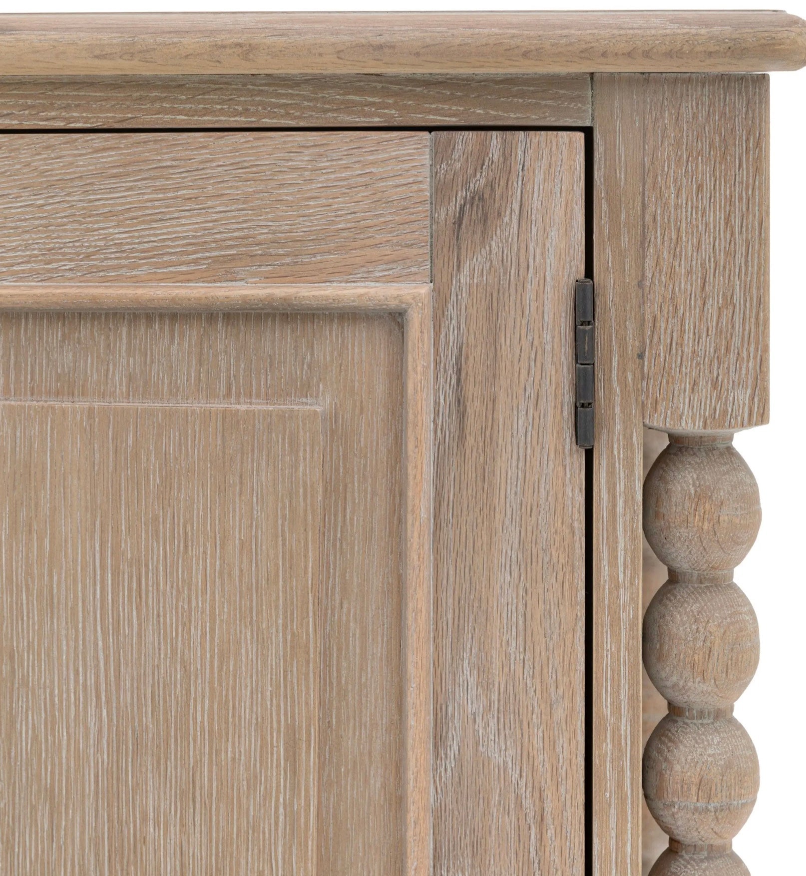 Artisan sideboard light gray oak cabinet with distressed finish and turned wooden spindle leg w457 x d350