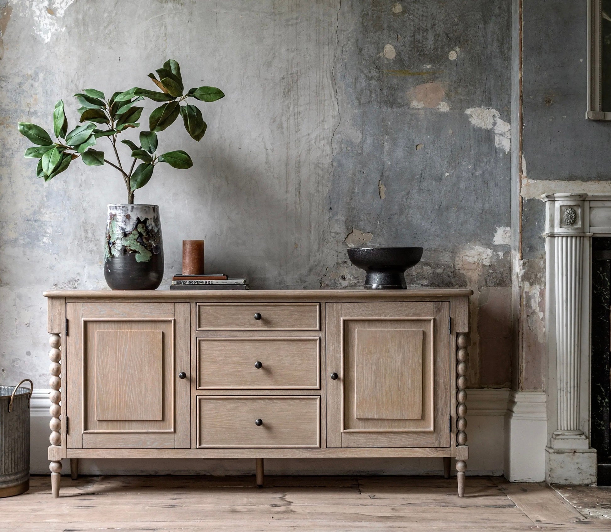 Artisan sideboard in light oak wood with turned legs w457 x d350 featuring three drawers and two cabinet doors