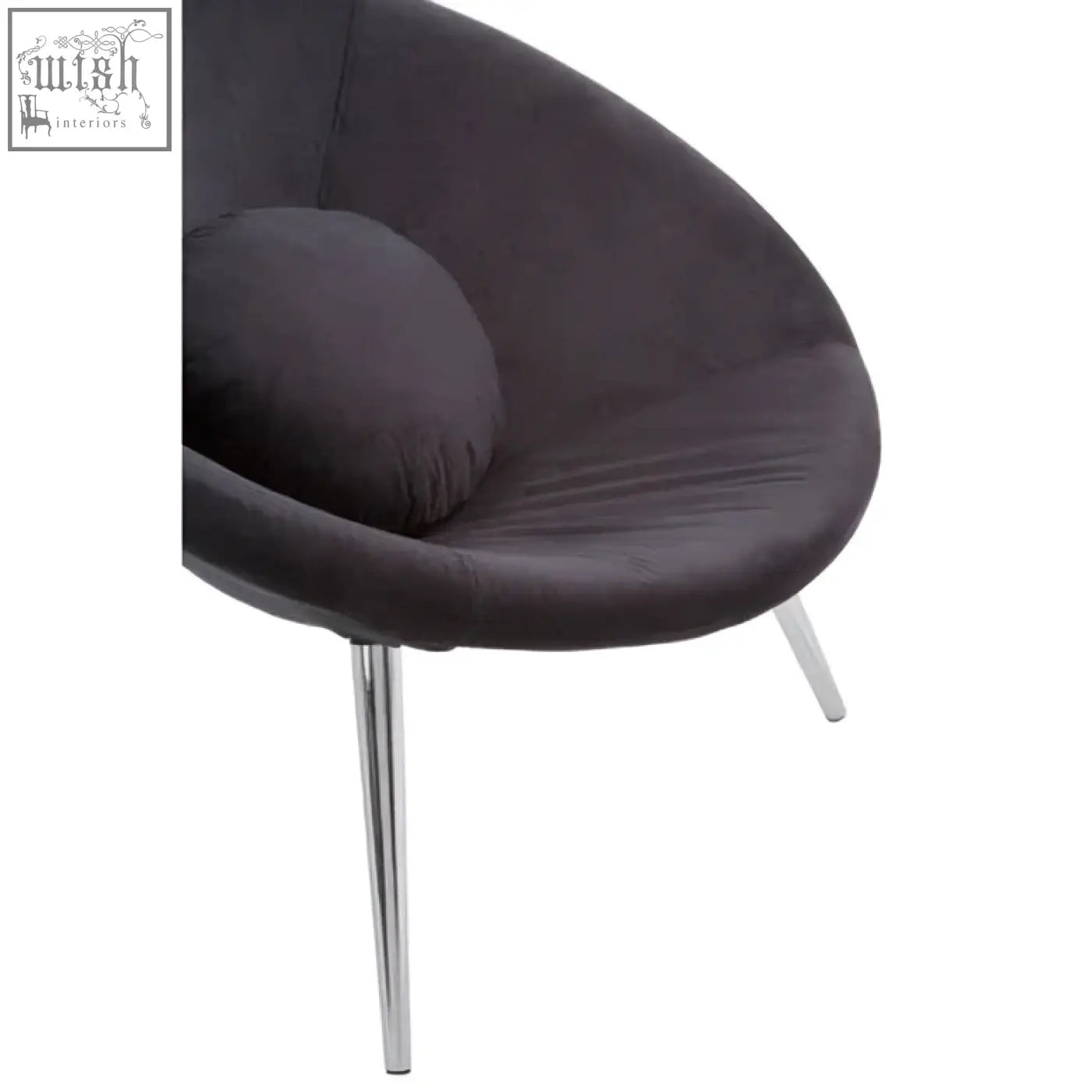 Dark gray velvet egg-shaped conic black chair with slender chrome legs perfect for modern living spaces