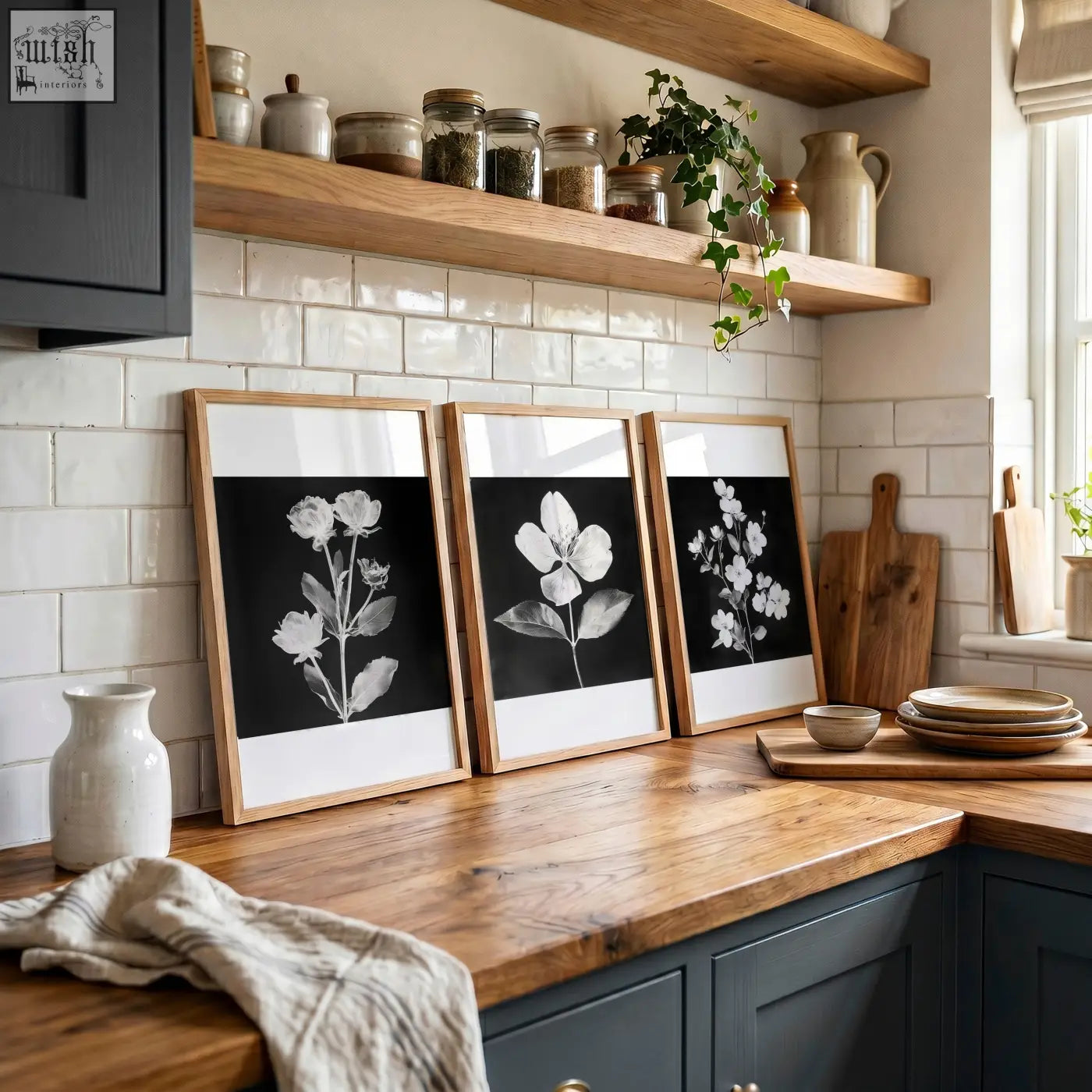 Three framed black and white botanical floral art prints in light wood frames perfect for kitchen wall art