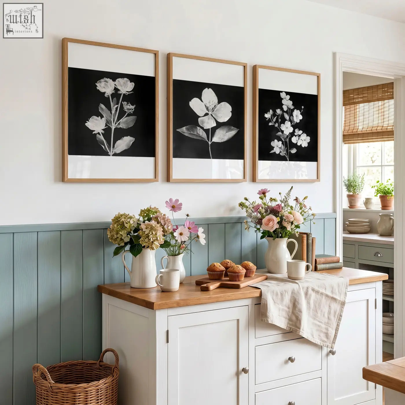 Three black and white botanical art prints in light wood frames hang above a white cabinet for kitchen wall decor