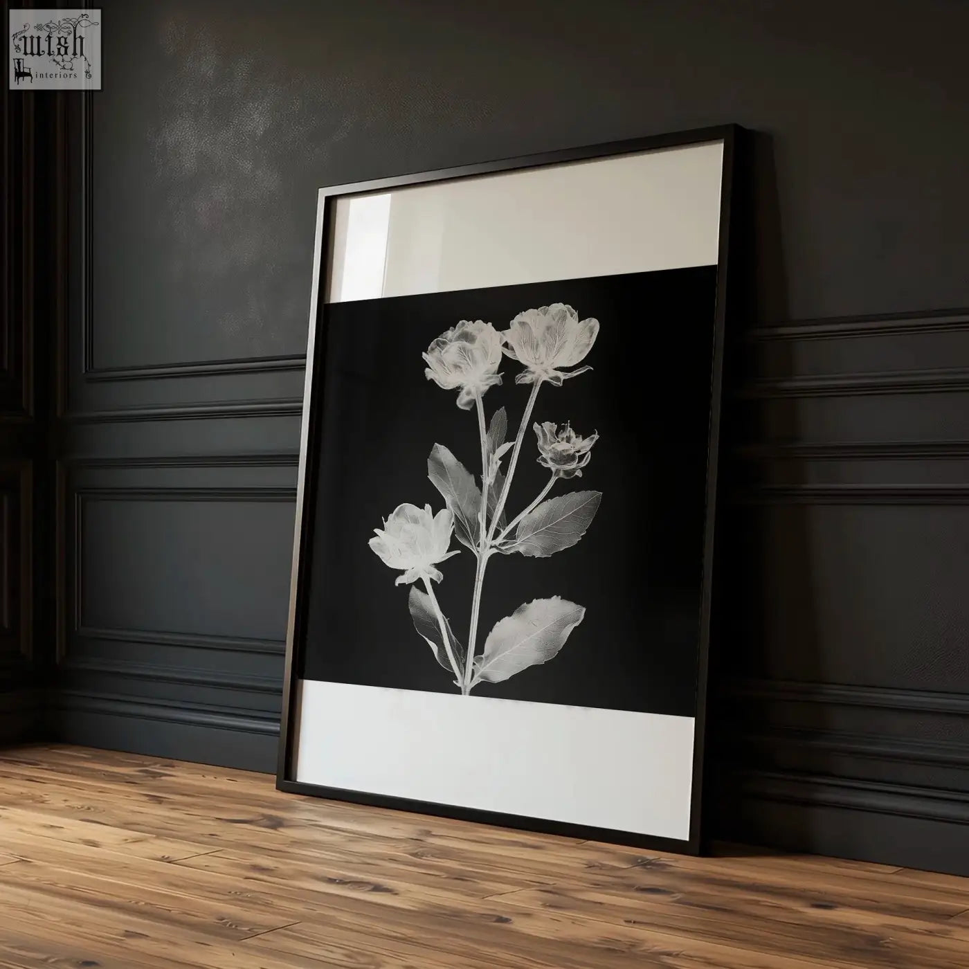 Black-framed kitchen wall art print featuring white floral illustration on black with off-white borders set of 3
