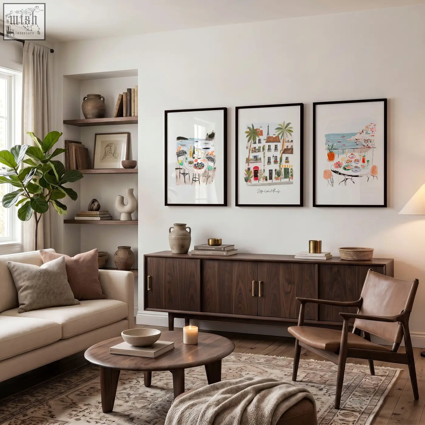 Dark wood sideboard with gold toned handles and minimalist design styled with books and vases in a living room featuring sotto il sole di amalfi artwork