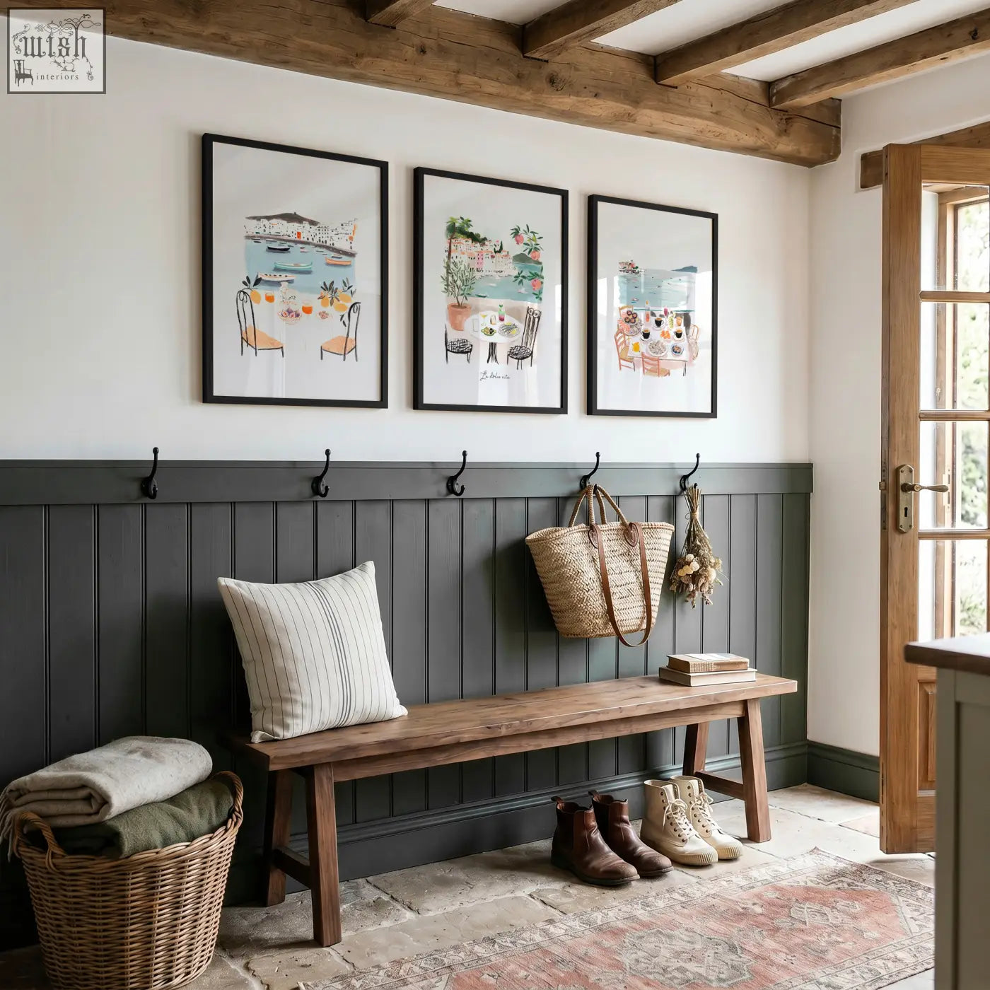 Dark gray wooden bench with striped pillow and woven baskets in three prints mediterranean coastal wall art prints set