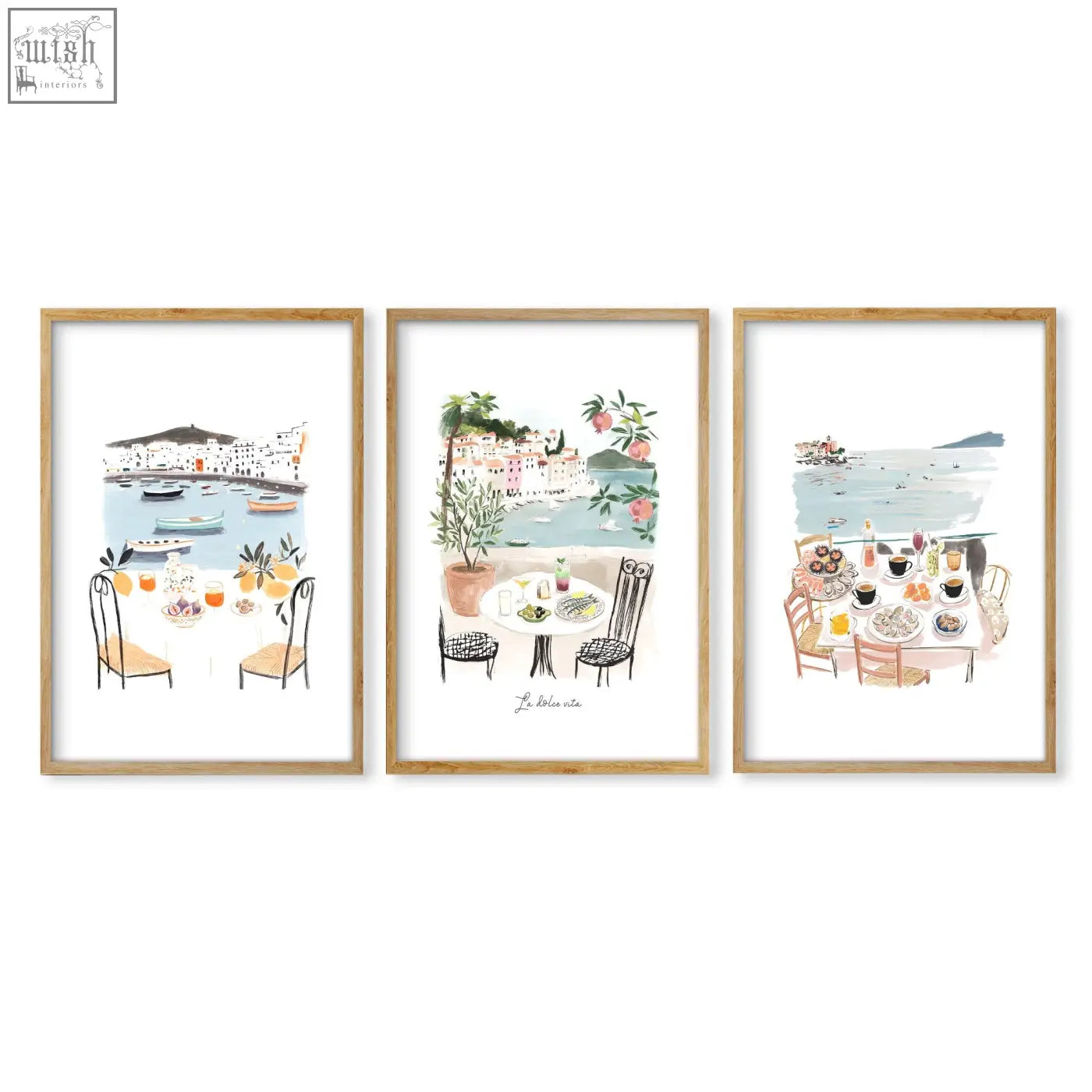 Set of three framed watercolor wall art prints featuring coastal italian dining scenes with tables chairs and boats