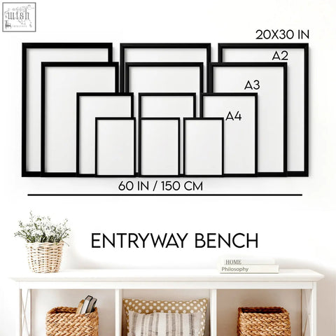 Set of three black minimalist frames in a2 a3 and a4 sizes showcasing wall art prints for mediterranean coastal dining scenes