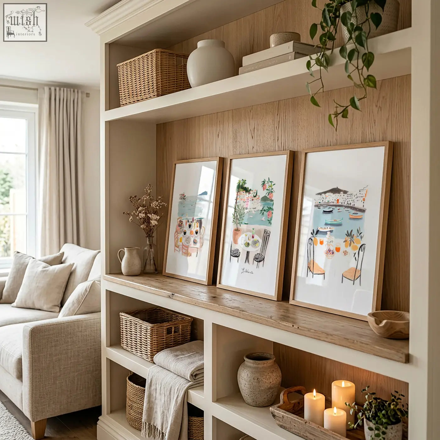 Three prints of mediterranean coastal wall art prints with light wood frames on a rustic wooden shelf