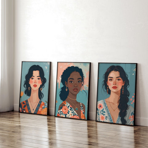 Artwork For Living Room Walls | Set of 3 Boho Women Wall art Prints