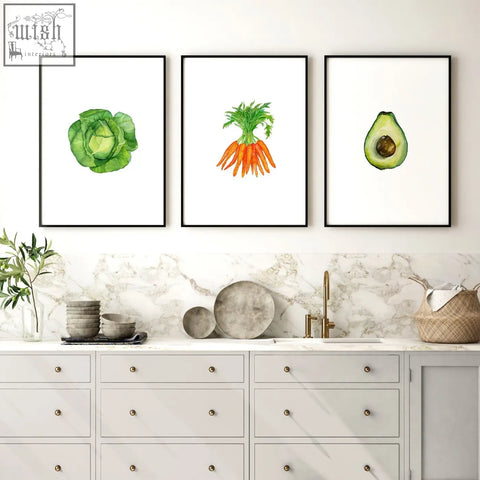 Three framed watercolor prints of vegetables in black frames make perfect kitchen decor wall art set of 3 framed wall art