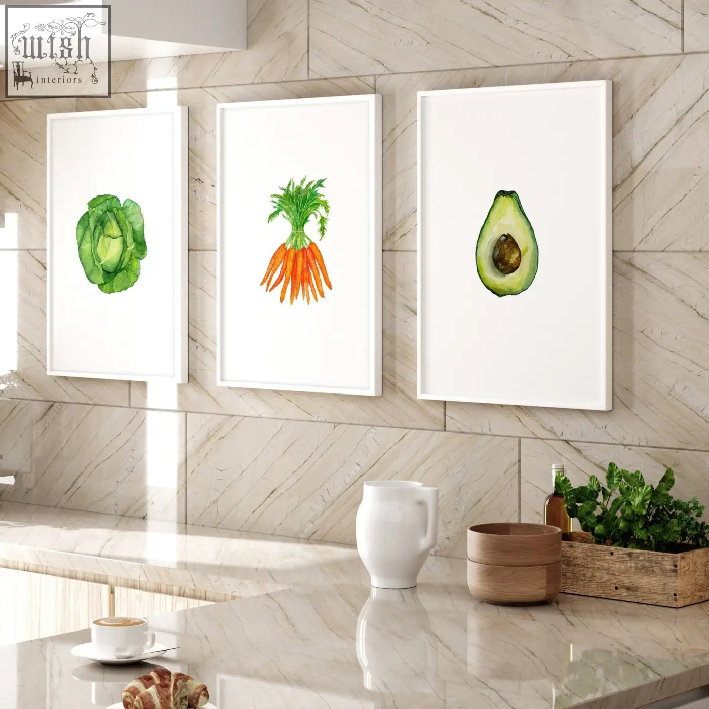 Set of 3 framed wall art featuring watercolor prints of green cabbage orange carrots and halved avocado for kitchen decor