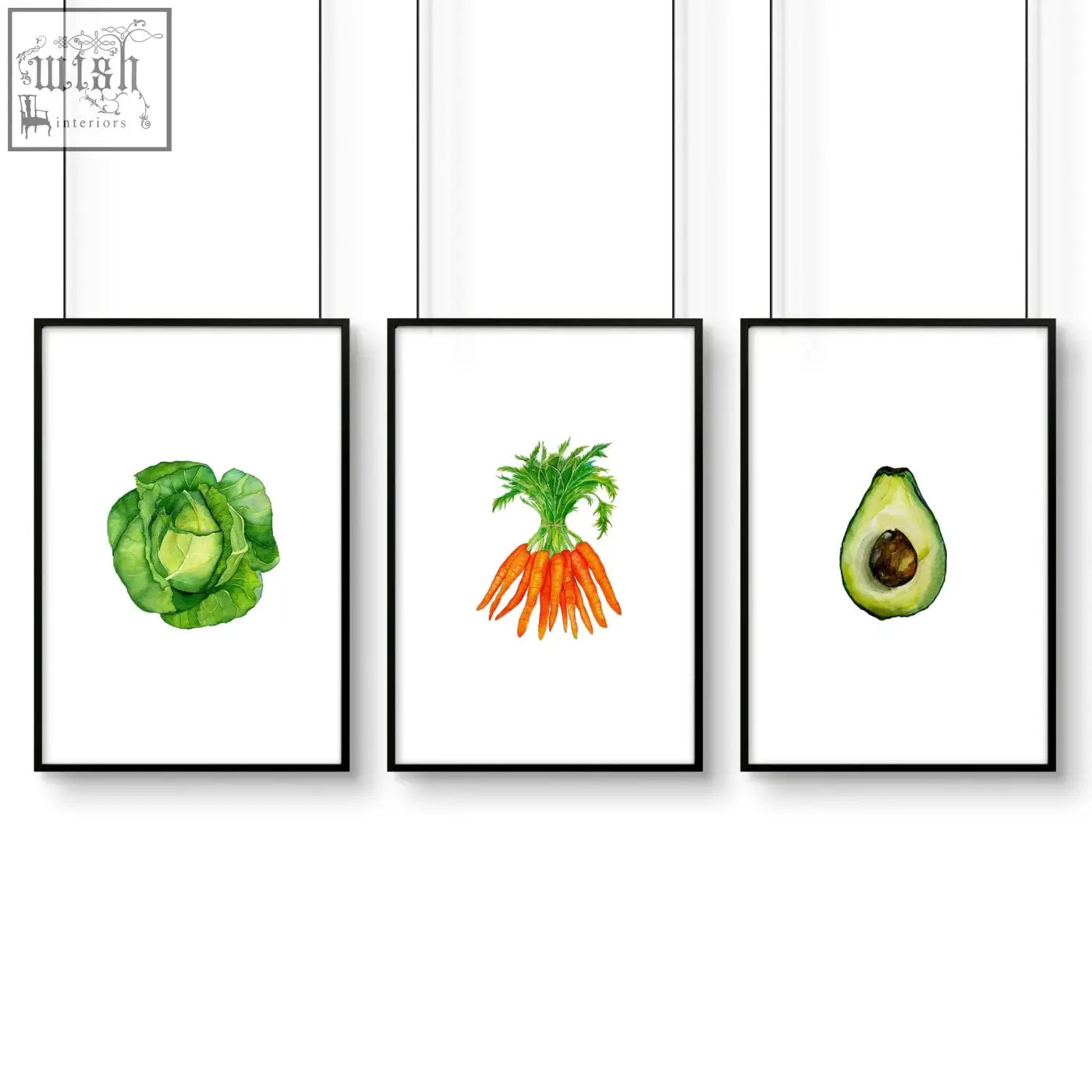 Set of 3 black-framed watercolor prints of cabbage carrots and avocado perfect for kitchen decor wall art