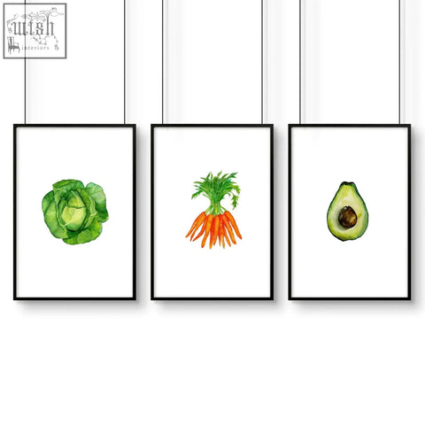 Set of 3 black-framed watercolor prints of cabbage carrots and avocado perfect for kitchen decor wall art