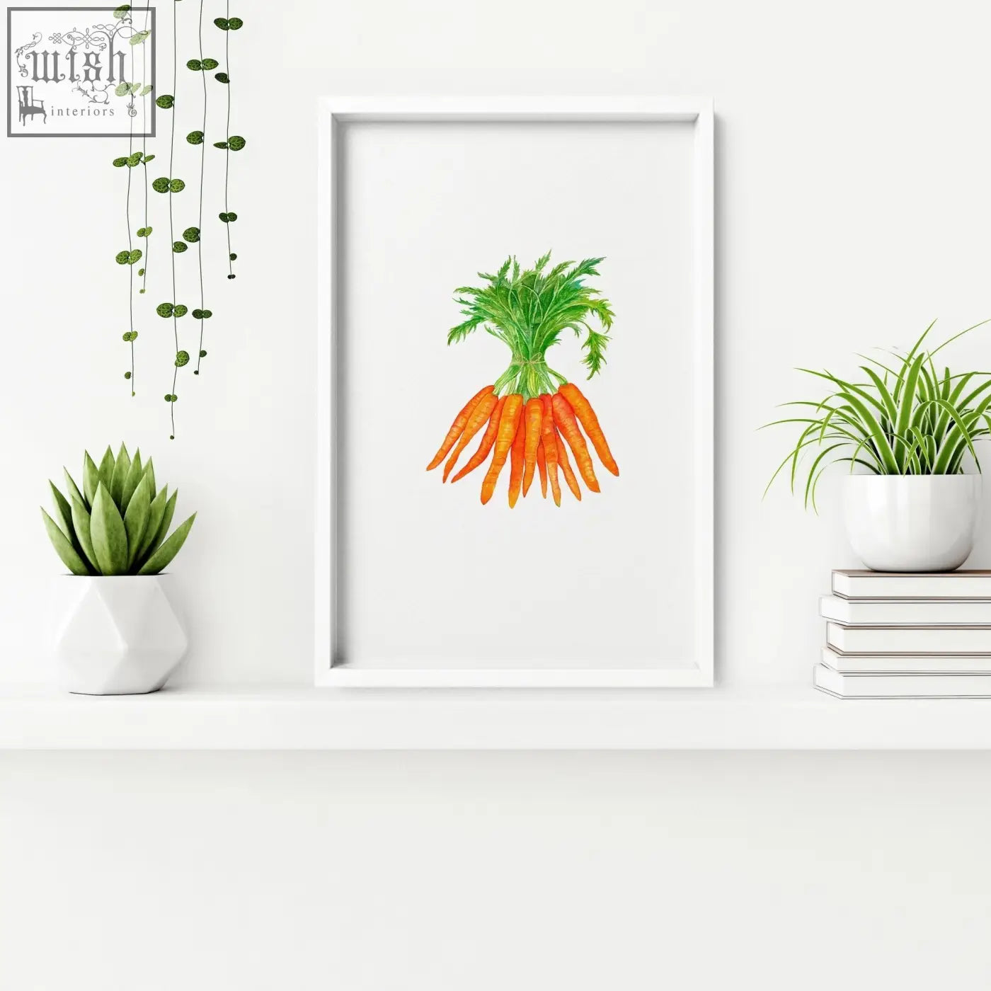 A framed wall art of orange carrots with green tops watercolor illustration perfect for kitchen decor