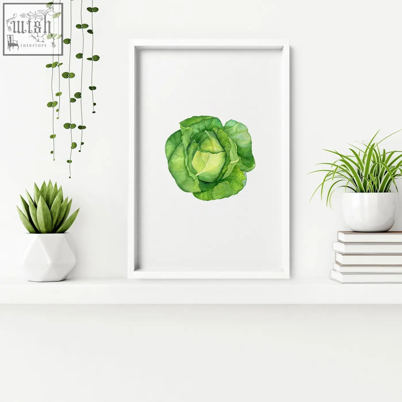 A watercolor green cabbage framed wall art in white frame perfect for kitchen decor and wall art set of 3