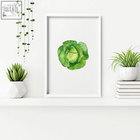 A watercolor green cabbage framed wall art in white frame perfect for kitchen decor and wall art set of 3